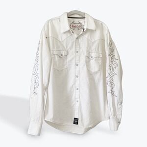 Wrangler Rock 47 Western Shirt Mens White Embroidered Snap Tribal Rodeo MRC172W